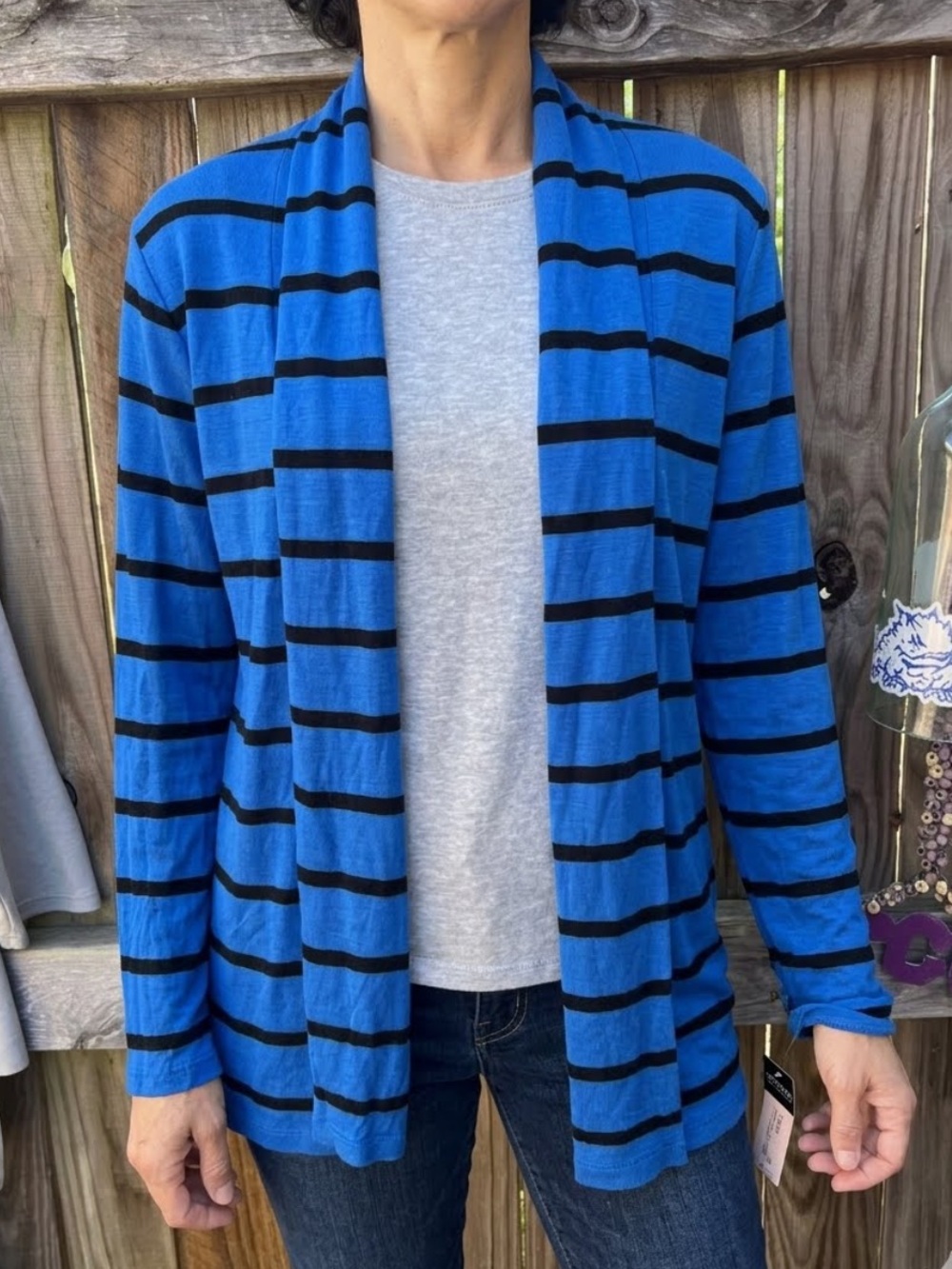 👗Sweaterworks Blue and Black Striped cardigan Sweater